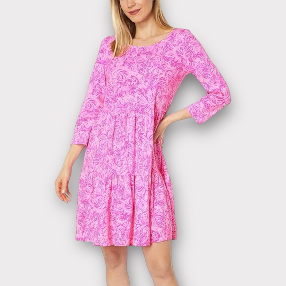 Lilly Pulitzer Women's GEANNA Dress Pink Blossom Foxy Llama 3/4 Sleeve XL